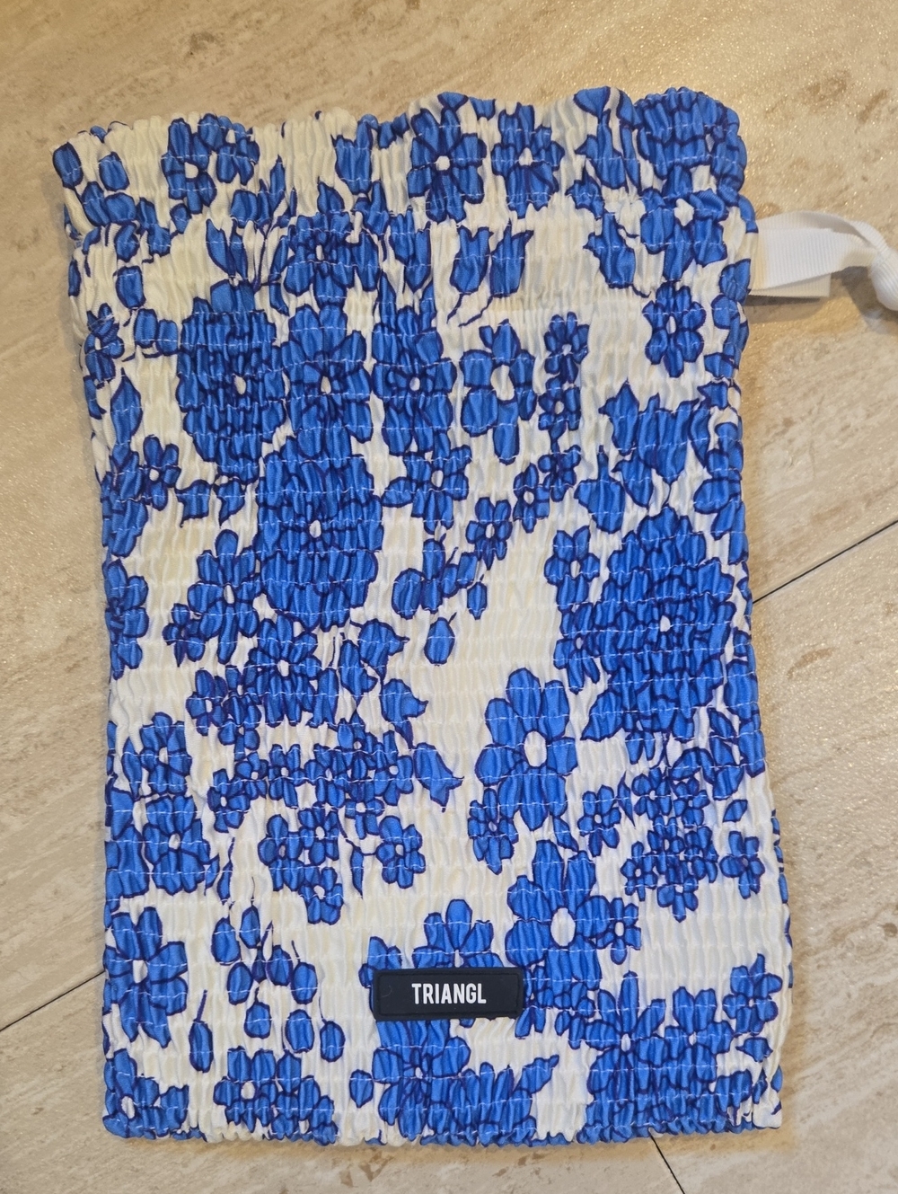 Triangl Blue/White Floral Print Smocked Drawstring Bathing Suit Bag